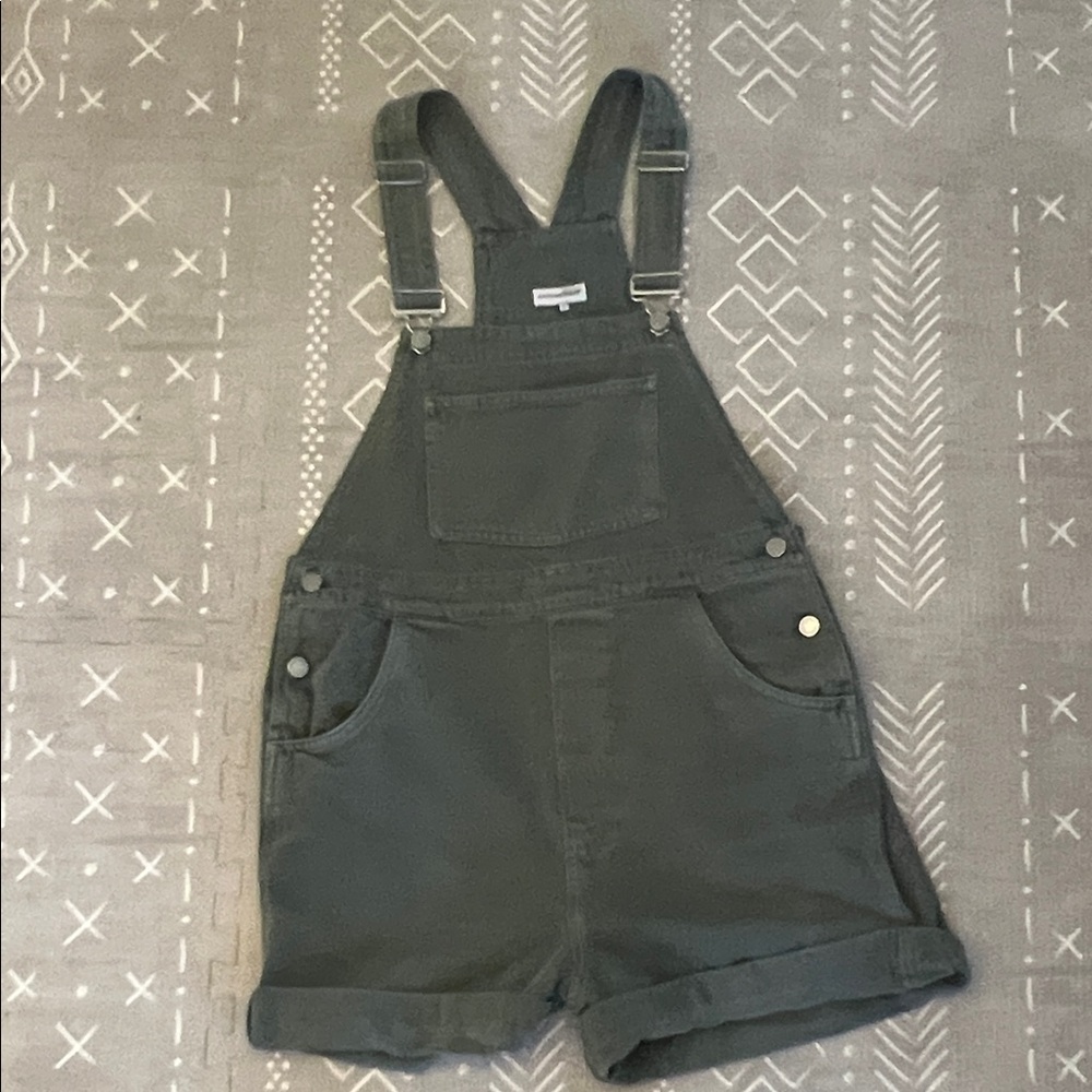 We Wore What green denim shortalls